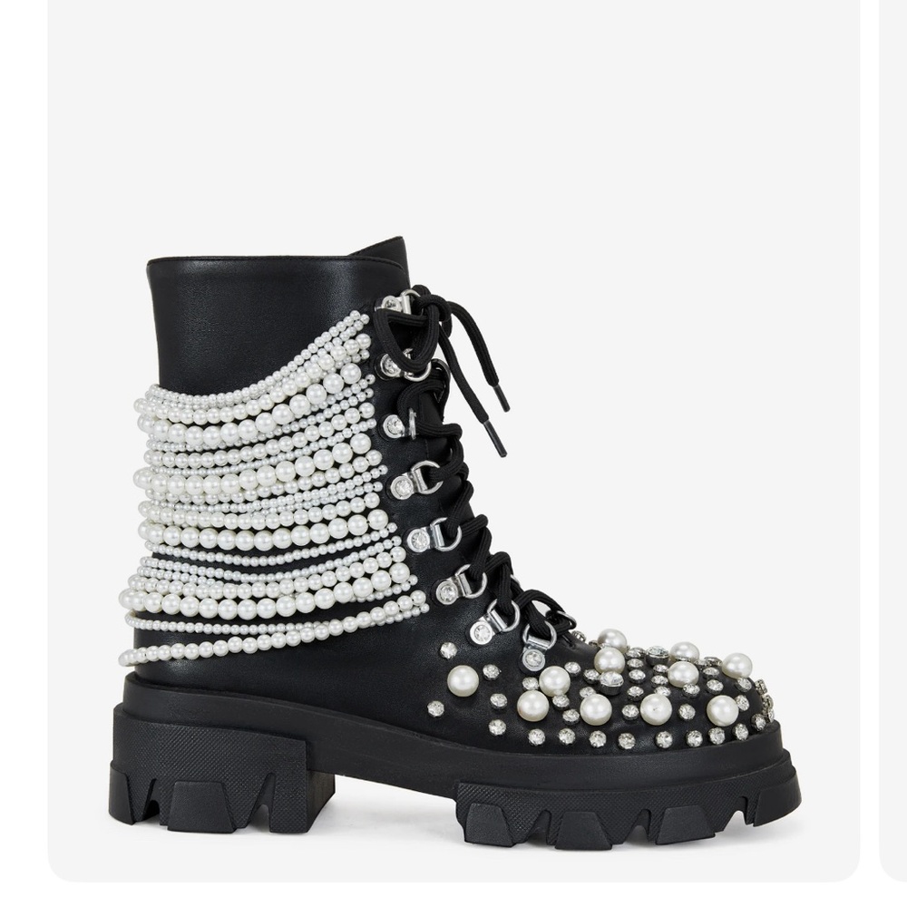 Black Combat Boots with Rhinestone Chains